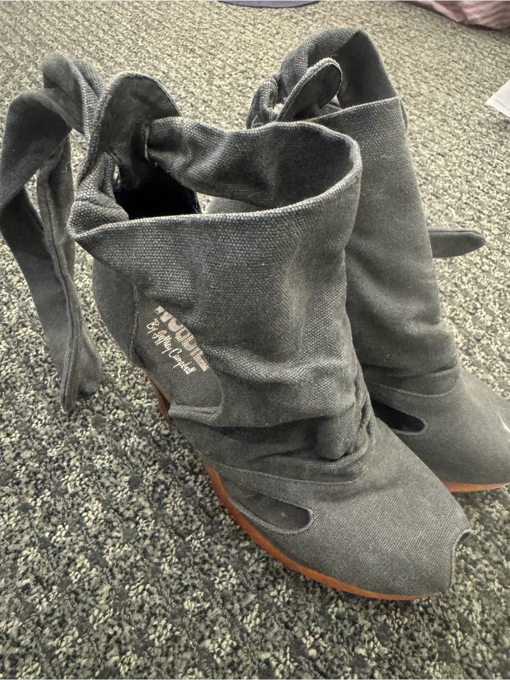 Womens Gray Canvas Peep-Toe Booties with Tie Detail